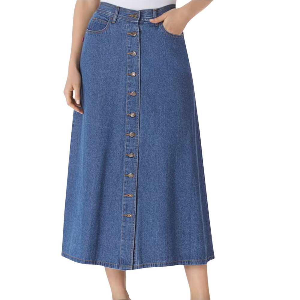 Women Within Perfect Side-Elastic Cotton Button Front Denim Jeans Skirt P/16W